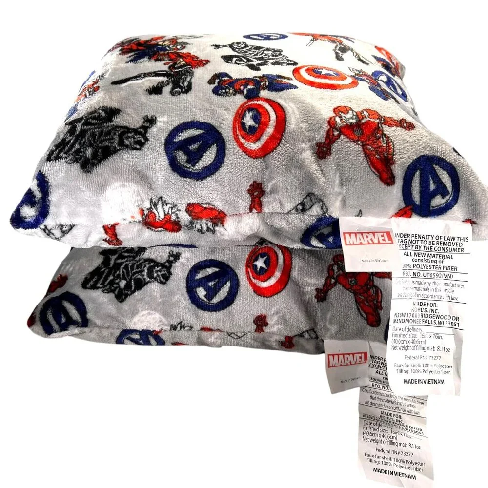 Marvel Avengers Superhero Pillow Set of 2 16 inch Square Plush Gray Red Black